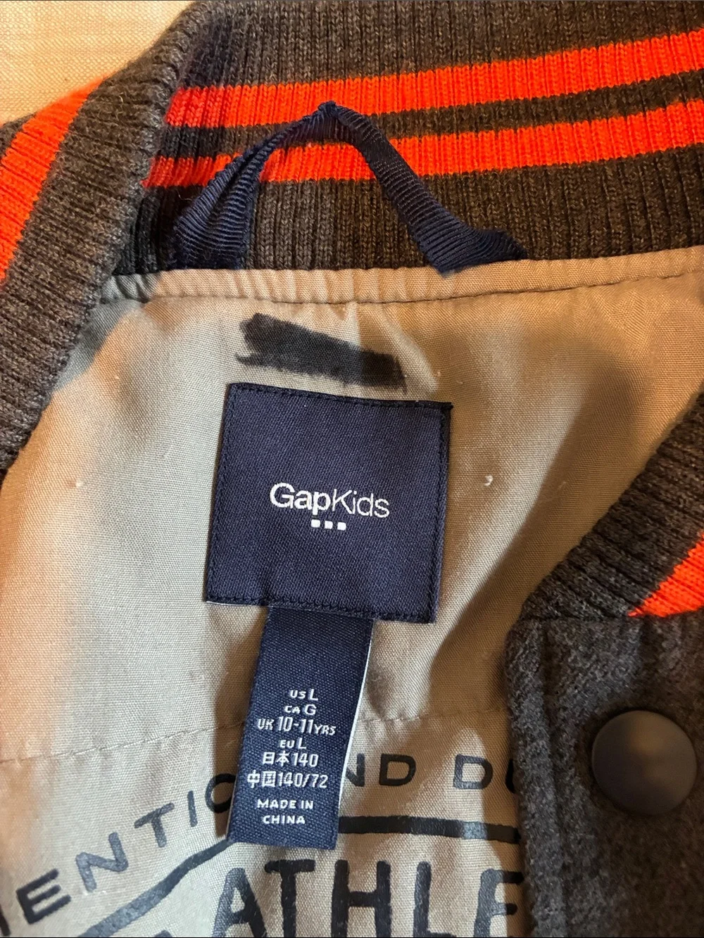 GAP Kids Boys Two-Tone Gray Bomber Jacket with Orange-Trim Collar